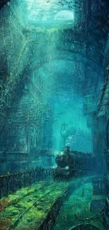 Mystical underwater scene with train in an oceanic city landscape.