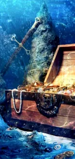 Mystical underwater treasure chest filled with jewels and pearls.