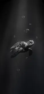 Serene underwater scene with turtle ascending in dark waters.