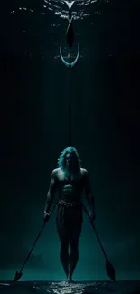 Underwater warrior with spears in dark turquoise glow.