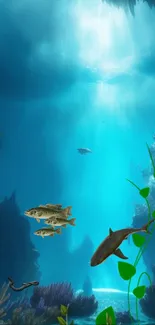 Underwater scene with fish and plants glowing in vibrant azure light.