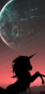 Silhouette of a unicorn against a glowing planet on a red sky.