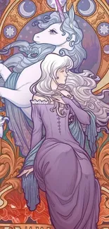 Art nouveau unicorn with woman in purple, mystical and enchanting design.