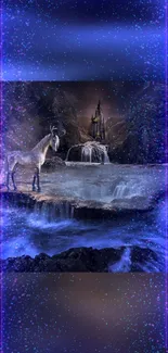 Unicorn by a waterfall with a castle, in mystical blue and purple hues.