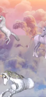 Three unicorns float among pastel clouds in a fantasy mobile wallpaper.