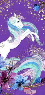 Vibrant unicorn with colorful mane and floral details on purple background.