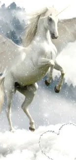 A majestic white unicorn flying in snowy skies with fluffy clouds.