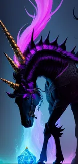 Mystical unicorn in vibrant purple fantasy setting.