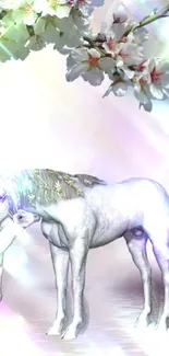 Mystical unicorns with cherry blossoms in ethereal, lavender-hued scene.