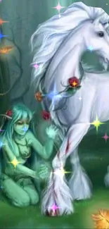 Fantasy wallpaper with unicorn and fairy in a magical forest setting.