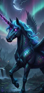 Mystical unicorn in a fantasy landscape under a moonlit sky.