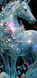 A beautiful cyan blue unicorn with floral details against a starry background.