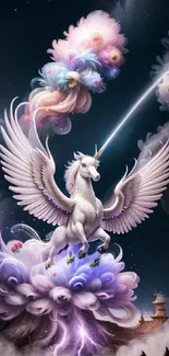 Fantasy unicorn amidst colorful, cosmic clouds in a mystical setting.