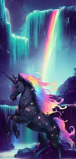 Cosmic unicorn with rainbow mane in front of a glowing waterfall.