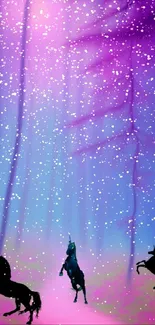 Enchanted forest with unicorns and purple haze in dreamy art scene.