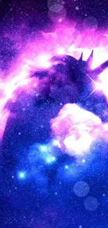 Mystical unicorn in a glowing purple galaxy background.