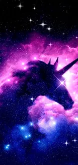 Purple galaxy unicorn silhouette wallpaper for mobile.