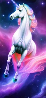 A majestic unicorn gallops through a purple galaxy, enhancing your phone screen.