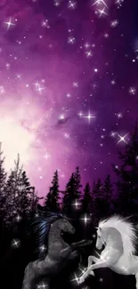 Mystical unicorns in a purple galaxy wallpaper with stars.