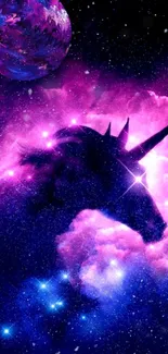 Purple and pink unicorn in galaxy with a magical cosmic setting.