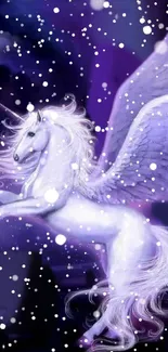 Winged unicorn flying in a snowy, purple sky.