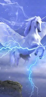 Majestic unicorn flying amid lightning and clouds in a mystical setting.