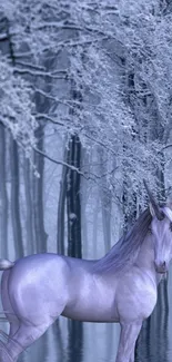 Unicorn standing in a snowy, mystical forest setting.