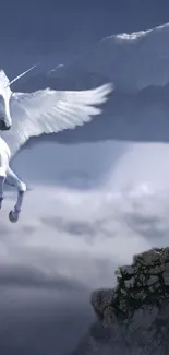 Winged unicorn soaring in misty clouds with a mountainous backdrop.