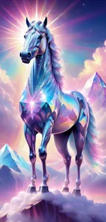 Majestic unicorn in a fantasy landscape with colorful mountains and clouds.