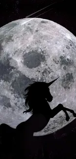 Unicorn silhouette against a full moon.