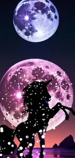 Silhouette of a unicorn against a purple moonlit sky with enchanting scenery.