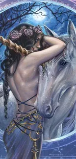 Mystical woman with unicorn in starry night art.