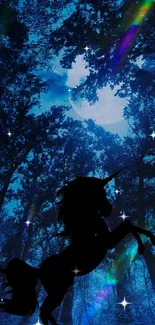 Unicorn silhouette against moonlit forest with aurora lights.