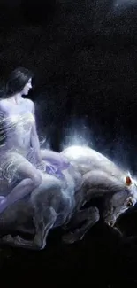 Mystical woman on glowing unicorn in starry night wallpaper.