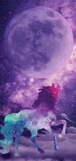 Colorful unicorn and moon in a mystical night sky wallpaper.