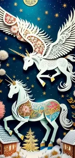 Magical unicorn and pegasus in a starlit fantasy scene.