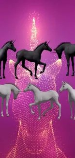 Mobile wallpaper with unicorns on a magenta background