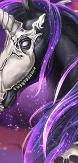 Purple unicorn skull with cosmic background in fantasy art style.