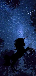 Unicorn silhouette with a starry night sky as a mystical mobile wallpaper backdrop.