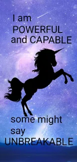 Silhouetted unicorn on a starry purple sky with motivational text.