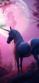 Mystical unicorn standing under a full glowing moon with a purple night sky.