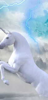 Mystical unicorn amid blue lightning and misty forest.