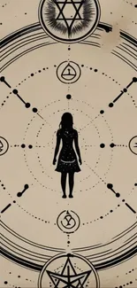 Mystical silhouette with cosmic design and symbols on a beige background.