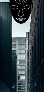 Mystical face art above urban alley with dark buildings.