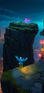 Mystical neon-lit cliff over vibrant cityscape.