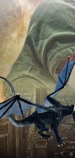 A dark dragon flies above a city with a hooded figure in the background.