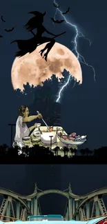 Urban fantasy wallpaper with witch, moon, and vintage car.