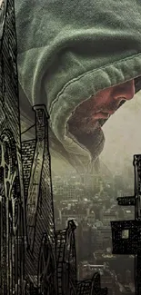 Hooded figure overlooking a cityscape in artistic style.