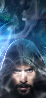 Hooded figure in cityscape with mystical eyes.