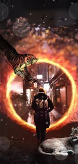 A mystical cityscape with a tiger and lion by a fiery portal.